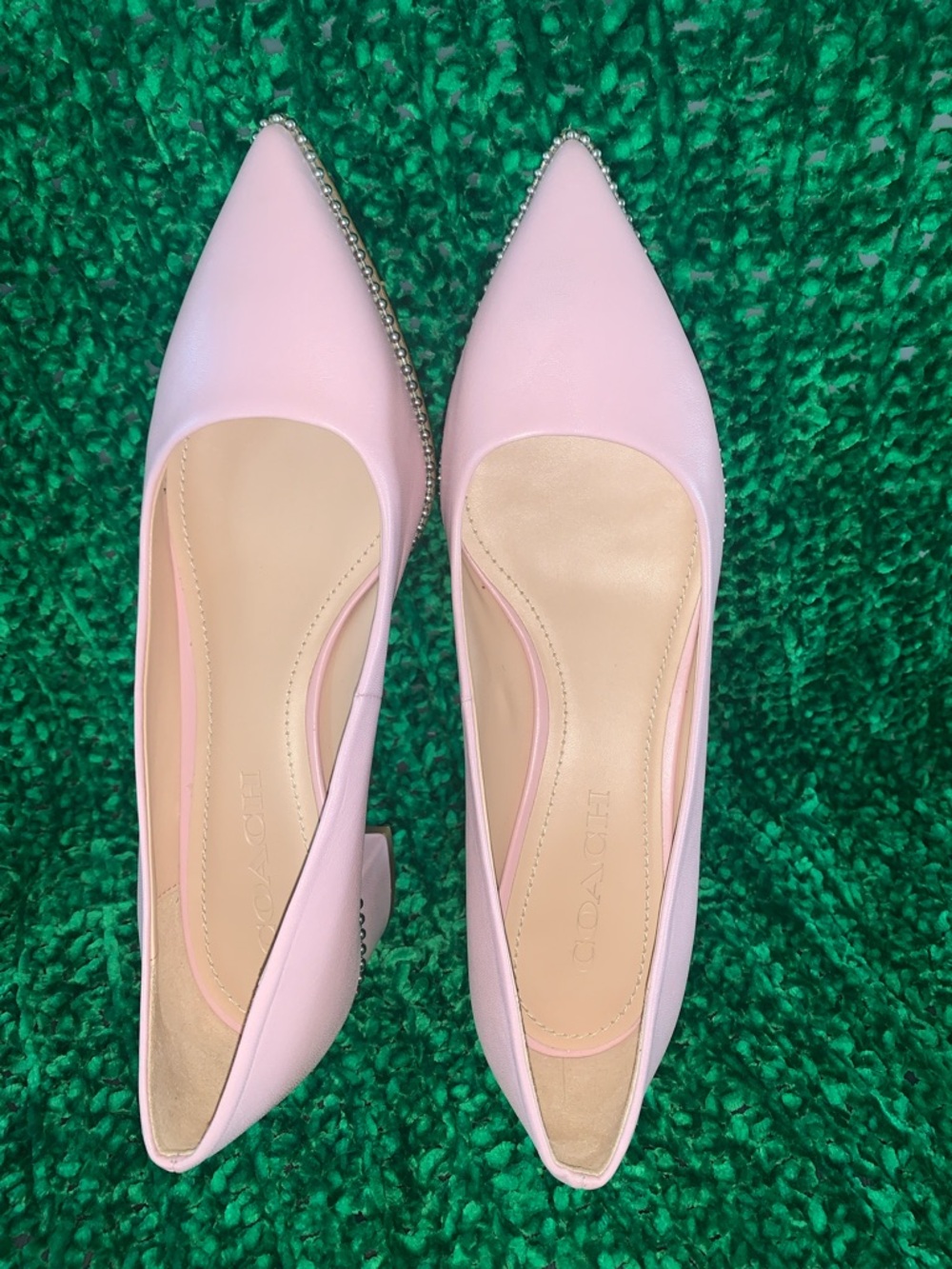 Coach Pink Leather Pointed Block Heel Pumps with Beaded Trim - Picture 2 of 10